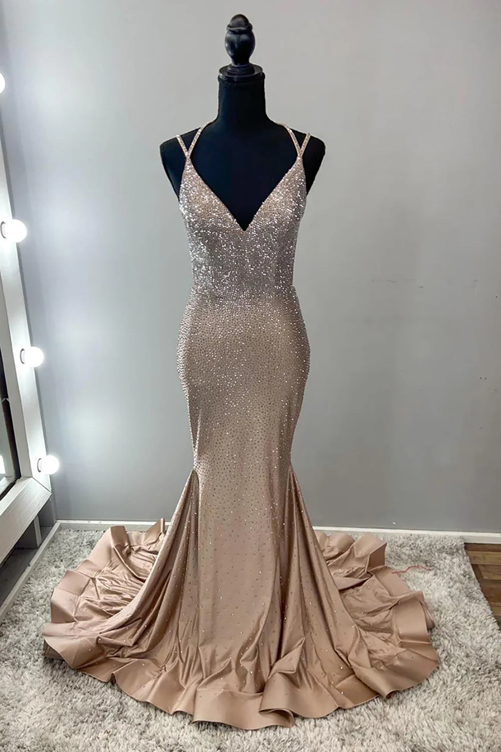 Elegant Spaghetti Strap Sheath Long Prom Dresses Satin Champagne Wedding Guest Dresses ED04784