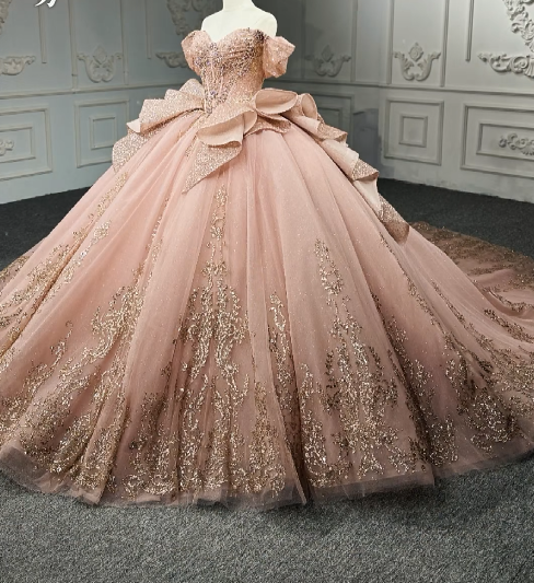Gorgeous Off-the-Shoulder Ball Gown Tulle Long Prom Dresses Applique Blush Pink Quinceanera Dresses Sweet 16 Dresses ED04786