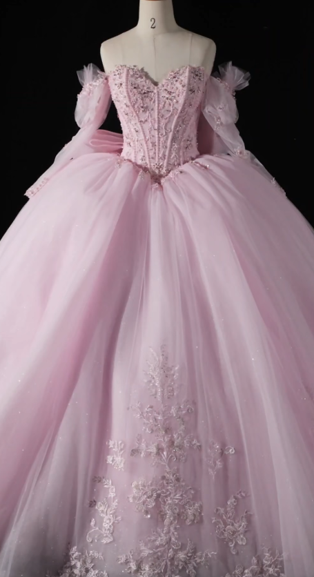 Gorgeous Off-the-Shoulder Ball Gown Tulle Long Prom Dresses Beaded Applique Pink Quinceanera Dresses Sweet 16 Dresses ED04787