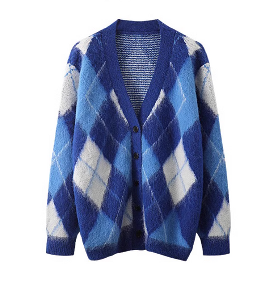 Korean style heavy diamond jacquard mid-length knitted cardigan ED0478