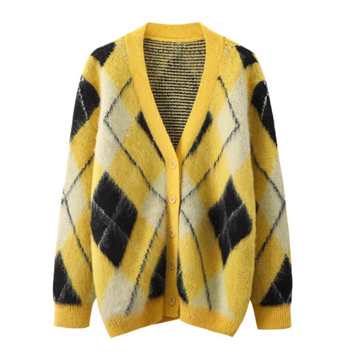 Cardigan mi-long en maille jacquard à gros diamants de style coréen ED0478