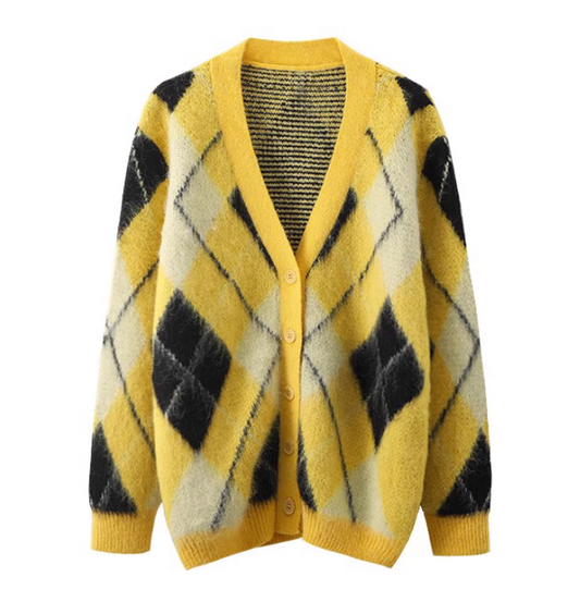 Korean style heavy diamond jacquard mid-length knitted cardigan ED0478