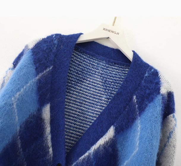 Cardigan mi-long en maille jacquard à gros diamants de style coréen ED0478