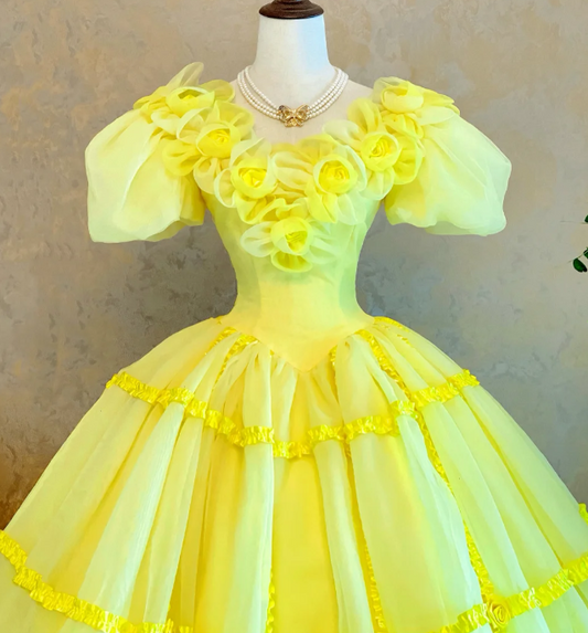 Cinderella Short Sleeve Ball Gown Tulle Long Prom Dresses Flower Yellow Quinceanera Dresses Sweet 16 Dresses ED04790