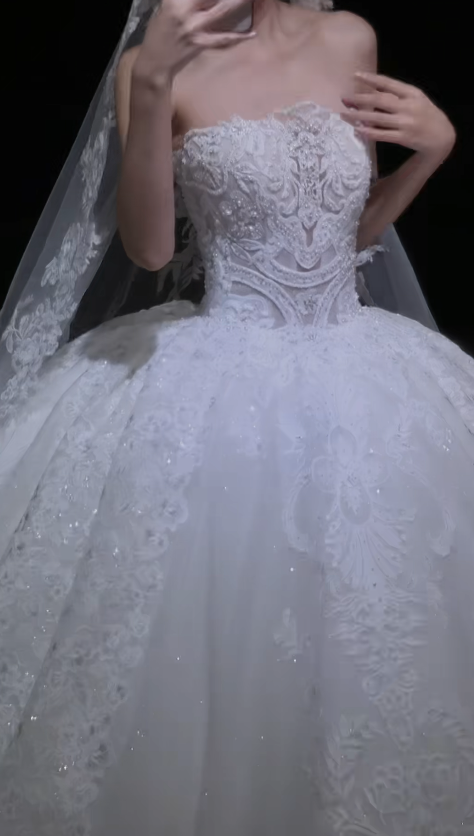 Luxury Strapless Ball Gown with Lace Appliques Long Wedding Dresses with Beading White Bridal Gowns Sleeveless Bridal Dresses ED04791