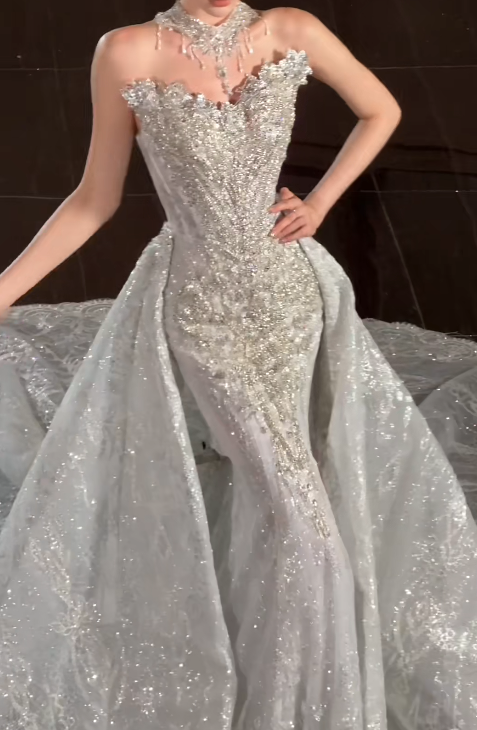 Luxury Strapless Mermaid Train Wedding Dresses Beaded Tulle  Bridal Gowns Applique Sleeveless Bridal Dresses ED04792