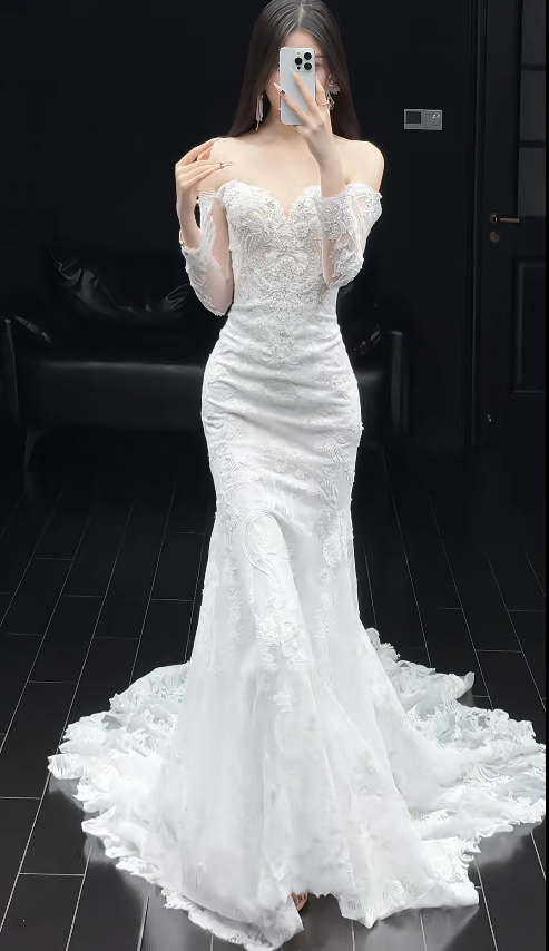 Elegant Off-the-shoulder Mermaid Wedding Dresses with Train Beading Lace White Bridal Gowns Applique Long Sleeve Bridal Dresses ED04793