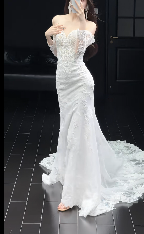 Elegant Off-the-shoulder Mermaid Wedding Dresses with Train Beading Lace White Bridal Gowns Applique Long Sleeve Bridal Dresses ED04793