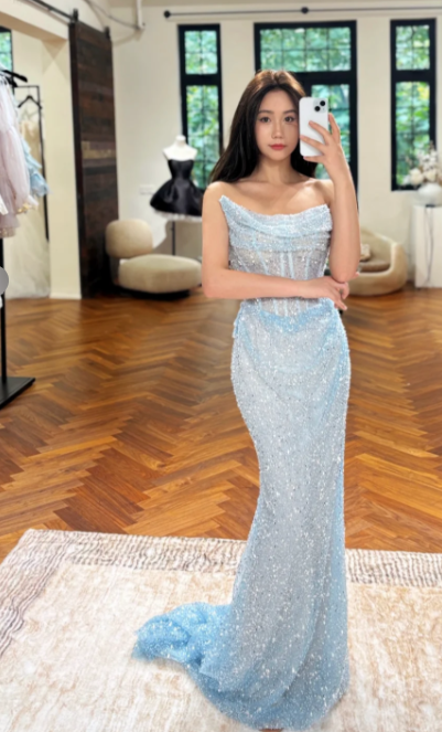 Robes d'anniversaire élégantes bleu dégradé, col en V, paillettes, mousseline, fourreau, robes de bal, robes de soirée ED04456