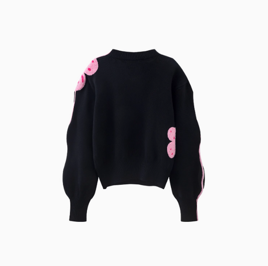 Black floral contrast wave sleeve sweater ED0479