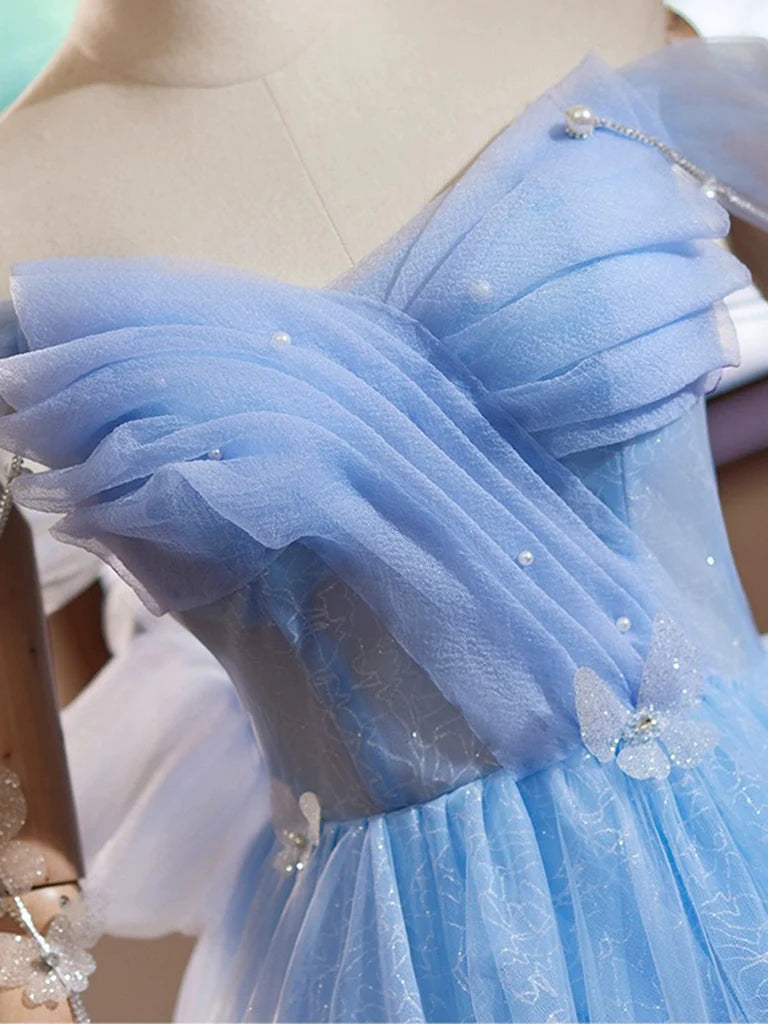 A-Line Sweetheart Neck Off Shoulder Blue Short Prom Dress with Beads ED048