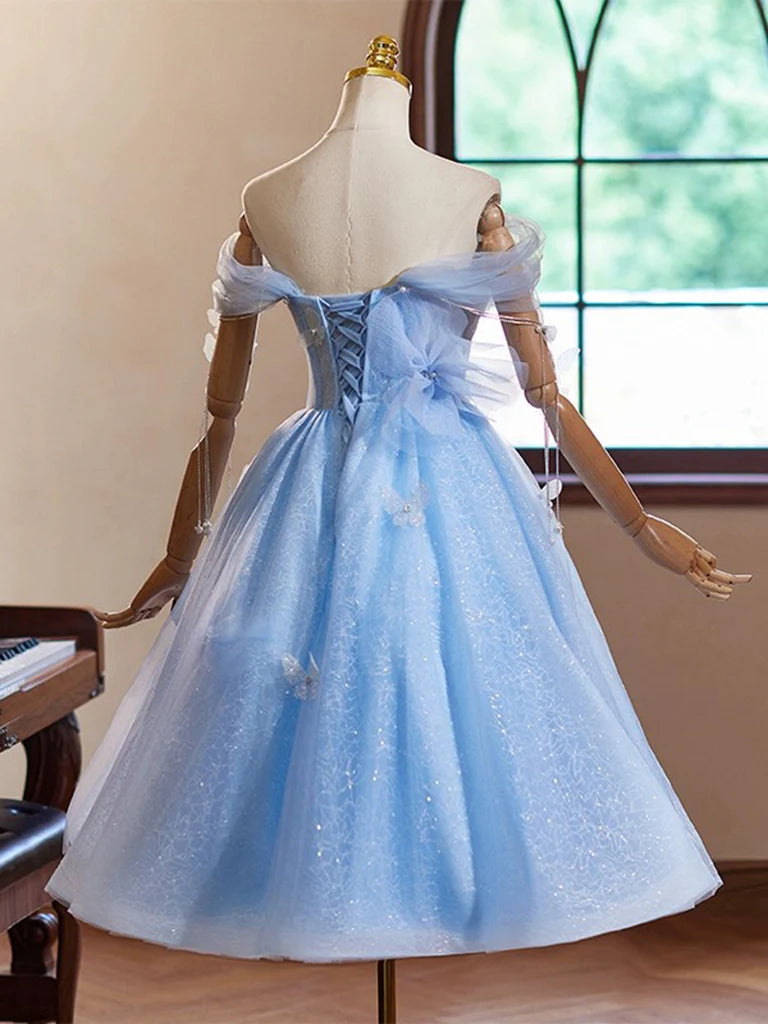 A-Line Sweetheart Neck Off Shoulder Blue Short Prom Dress with Beads ED048