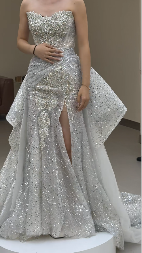 Gorgeous Strapless Sheath Slit Wedding Dresses Sequin Sleeveless Bridal Gowns ED04806