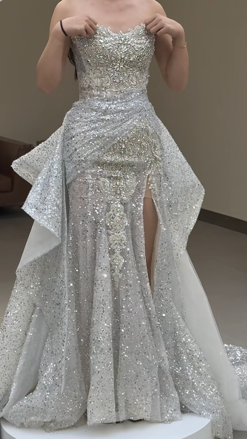 Gorgeous Strapless Sheath Slit Wedding Dresses Sequin Sleeveless Bridal Gowns ED04806