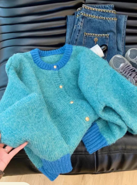 Mohair contrasting round neck knitted cardigan ED0481