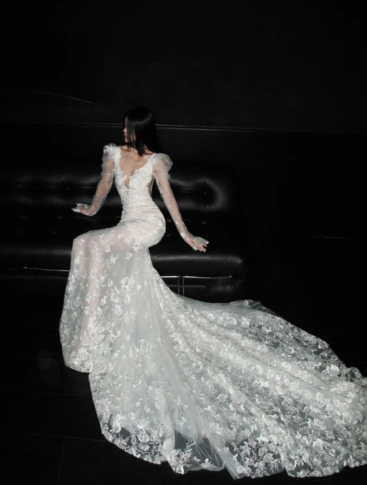 Luxury Jewel Mermaid Wedding Dress Tulle  Appliques Long Sleeves Bridal Gowns Ivory Bridal Dresses ED04810
