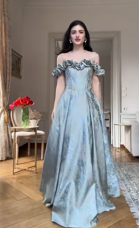 Fairy Off-the-Shoulder A-Line Green Long Prom Dresses Printed Satin Long Birthday Dresses Green Evening Dresses ED04817