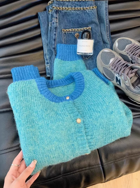 Mohair contrasting round neck knitted cardigan ED0481