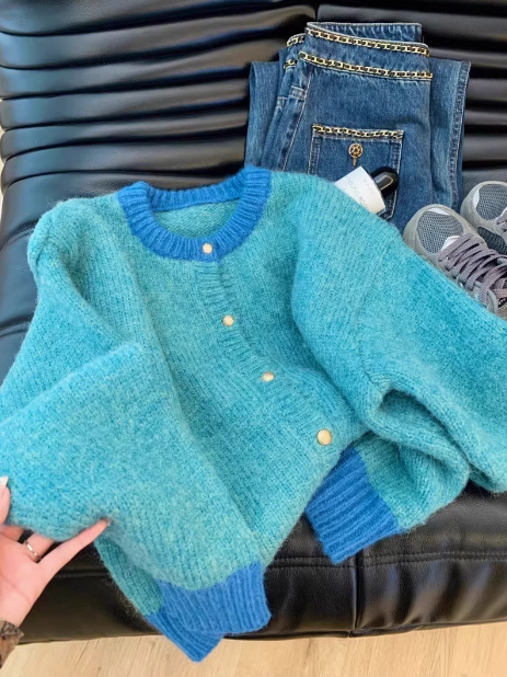 Mohair contrasting round neck knitted cardigan ED0481