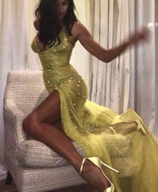 Chic Spaghetti Strap Sheath Yellow Long Prom Dresses Tulle Sequin Formal Dresses Yellow Evening Dresses ED04823