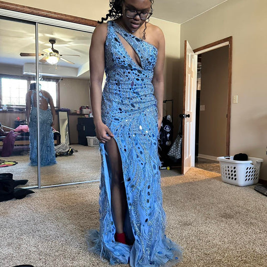 Sexy One Shoulder Sheath Blue Long Prom Dresses Sequined Blue Evening Dresses with Slits ED04827