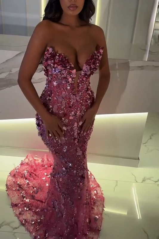 Sexy Sweetheart Mermaid Pink Long Prom Dresses Tulle Sequin Pink Evening Dresses ED04828