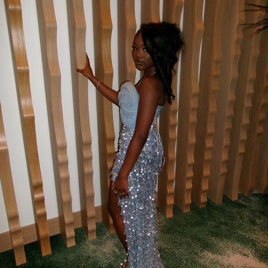 Chic Strapless Sheath Blue Long Prom Dresses Tulle Beaded Blue Evening Dresses Birthday Dresses with Slits ED04829