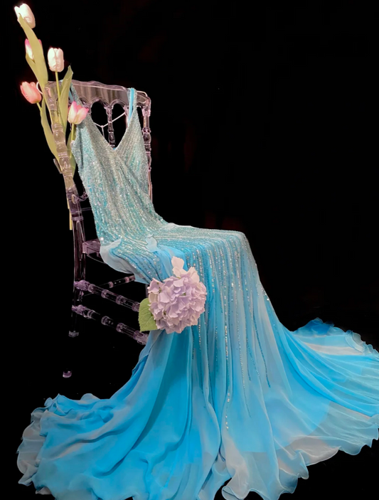 Vintage V-neck Sheath Blue Long Prom Dresses Chiffon Beaded Blue Long Formal Dresses ED04830