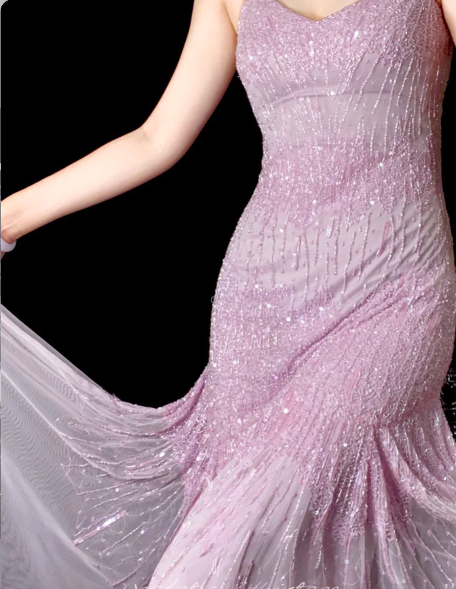 Vintage Spaghetti Strap Sheath Pink Long Prom Dresses Chiffon Beaded Pink Long Formal Dresses ED04831