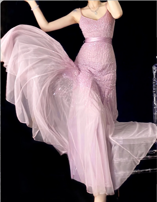 Vintage Spaghetti Strap Sheath Pink Long Prom Dresses Chiffon Beaded Pink Long Formal Dresses ED04831