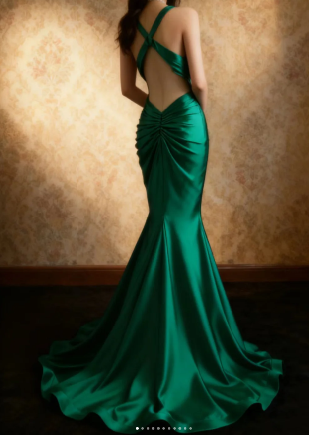 Vintage V-neck Mermaid Green Long Prom Dresses Satin Green Long Formal Dresses Sleeveless Wedding Guest Dresses ED04833