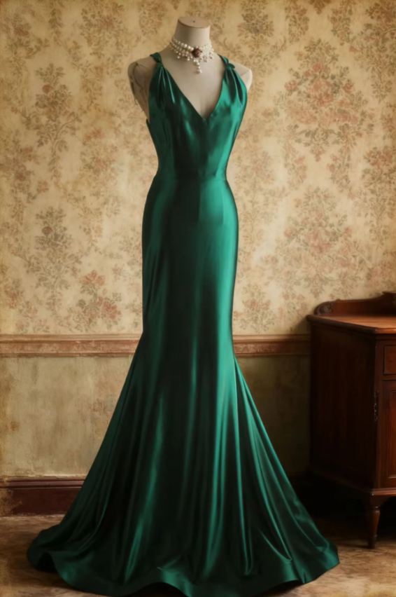 Vintage V-neck Mermaid Green Long Prom Dresses Satin Green Long Formal Dresses Sleeveless Wedding Guest Dresses ED04833
