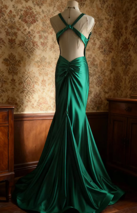 Vintage V-neck Mermaid Green Long Prom Dresses Satin Green Long Formal Dresses Sleeveless Wedding Guest Dresses ED04833