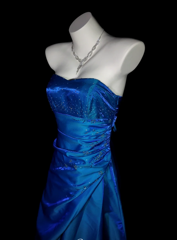 Cute Strapless A-Line Long Prom Dresses Satin Blue Formal Dresses Blue Halloween Dresses ED04834