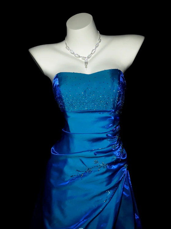 Cute Strapless A-Line Long Prom Dresses Satin Blue Formal Dresses Blue Halloween Dresses ED04834