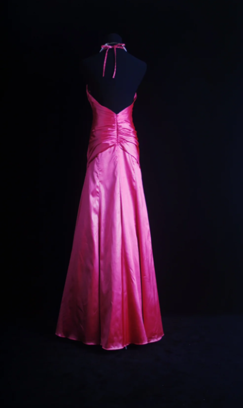 Vintage Halter Neck Sheath Long Prom Dresses Satin Hot Pink Formal Dresses Hot Pink Halloween Dresses ED04835