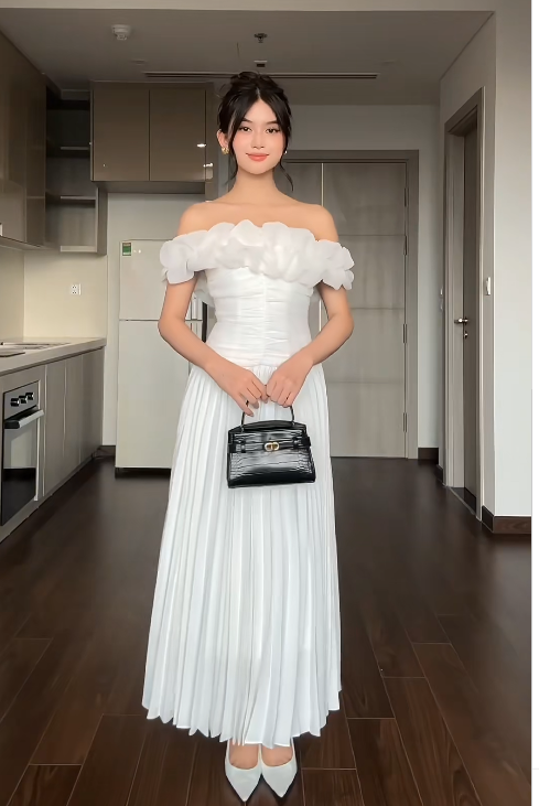 Elegant Off-the-shoulder Sheath Ankle-length Formal Dresses Pleated White Birthday Chiffon White Wedding Guest Dresses ED04839