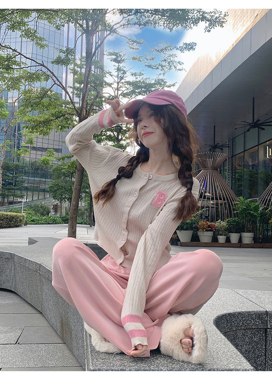 College style letter contrast color long sleeve knitted cardigan ED0483