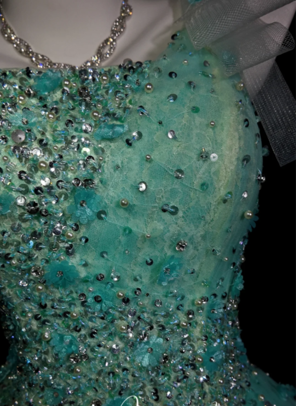 Fairy One-Shoulder Ball Gown Turquoise Long Prom Dresses Beaded Tulle Turquoise Quinceanera Dresses Sweet 16 Dress ED04841