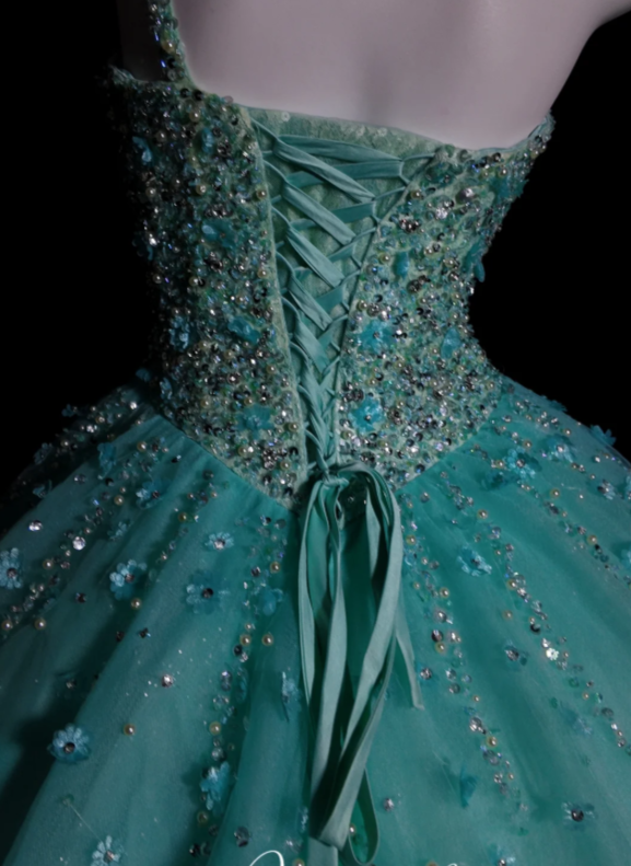 Fairy One-Shoulder Ball Gown Turquoise Long Prom Dresses Beaded Tulle Turquoise Quinceanera Dresses Sweet 16 Dress ED04841
