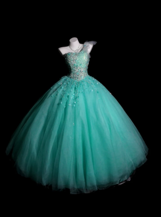 Fairy One-Shoulder Ball Gown Turquoise Long Prom Dresses Beaded Tulle Turquoise Quinceanera Dresses Sweet 16 Dress ED04841