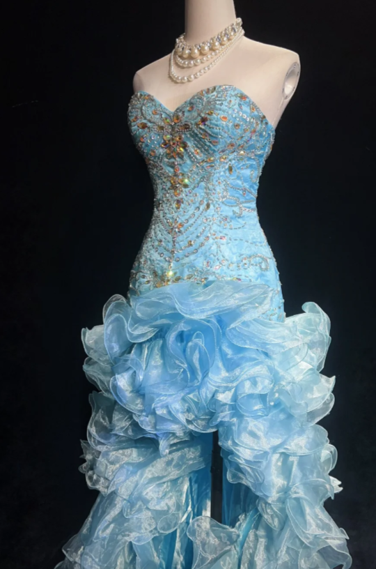 Fairy Sweetheart Bodycon Sky Blue Long Prom Dresses Beaded Tulle Sky Blue Quinceanera Dresses Sweet 16 Dress ED04843