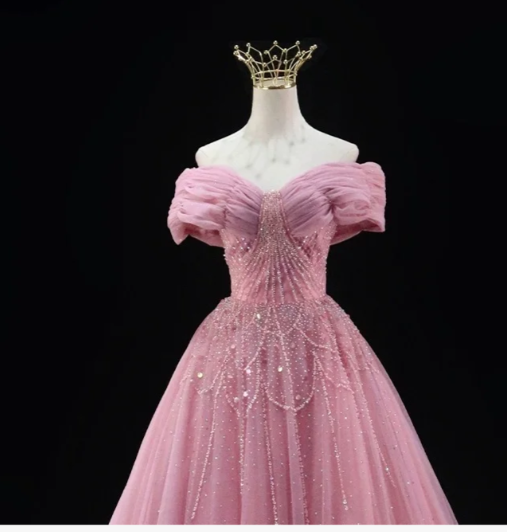 Cute Off-the-shoulder A-Line Pink Long Prom Dresses Beaded Tulle Pink Quinceanera Dresses Sweet 16 Dress ED04844