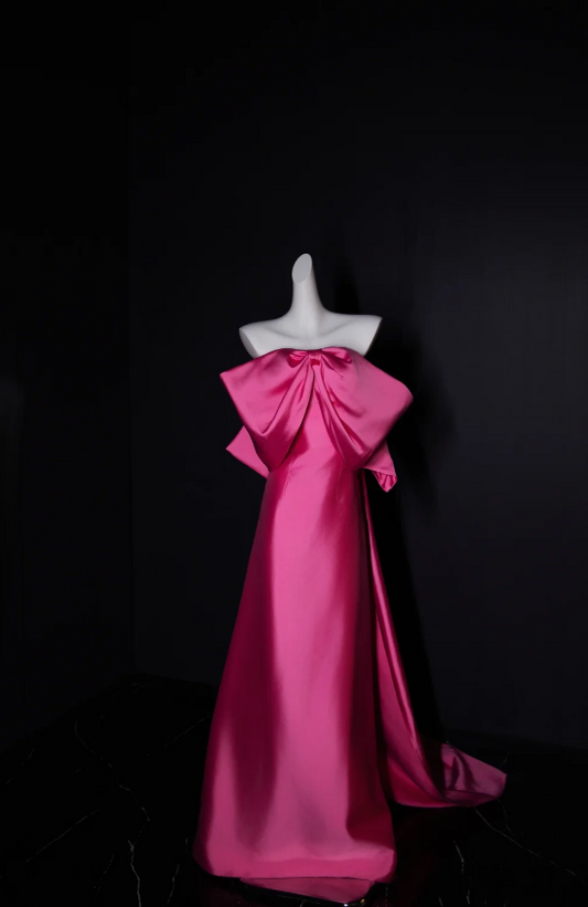 Elegant Strapless Sheath Hot Pink Long Prom Dresses Satin Hot Pink Evening Dresses ED04845