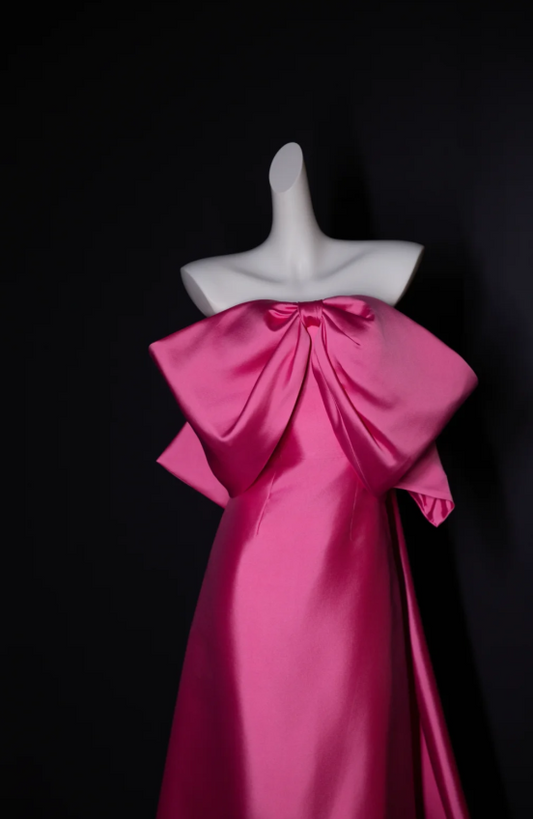 Elegant Strapless Sheath Hot Pink Long Prom Dresses Satin Hot Pink Evening Dresses ED04845