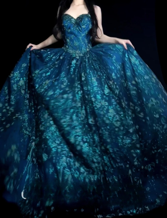 Fairy Spaghetti Strap Ball Gown Blue Long Prom Dresses Tulle Applique Blue Quinceaña DResses Sweet 16 Dress ED04846