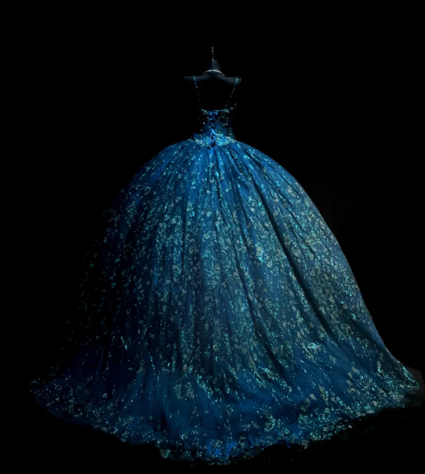 Fairy Spaghetti Strap Ball Gown Blue Long Prom Dresses Tulle Applique Blue Quinceaña DResses Sweet 16 Dress ED04846