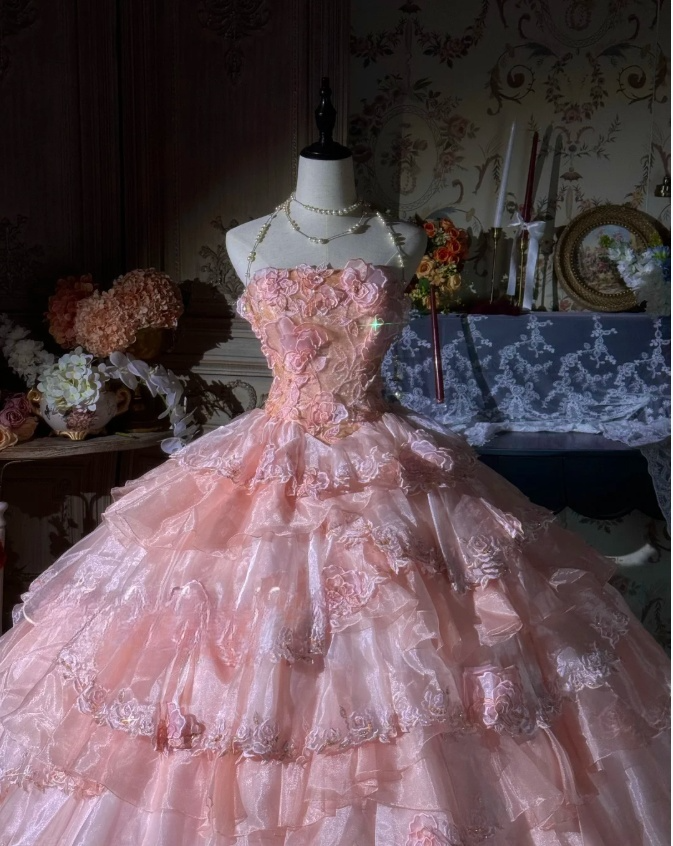 Fairy Strapless Ball Gown Pink Long Prom Dresses Tulle Applique Pink Quinceaña Dresses Sweet 16 Dress ED04847