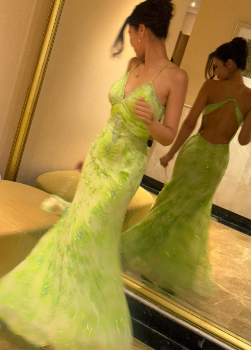 Fairy V-neck Sheath Long Prom Dresses Beaded Printed Chiffon Green Formal Dresses Open Back Wedding Guest Dresses ED04848