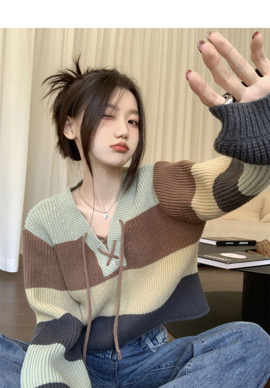 Retro Hong Kong style contrasting color bandage striped sweater ED0484